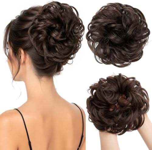 CJL HAIR Large Messy Bun Hair Piece Wavy Curly Scrunchies Synthetic Chignon Ponytail Hair Extensions Thick Updo Hairpieces for Women Dark Brown by CJLHAIR