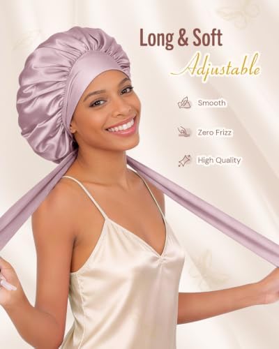 BONNET QUEEN Silk Bonnet for Sleeping Women Satin Bonnet Night Sleep Cap Wrap for Curly Hair with Adjustable Tie Band, Single Layer, Grey Rose Gold - Image 3