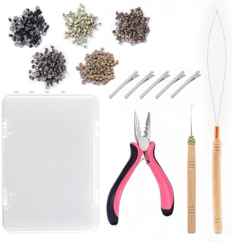 Hair Extension Tools Kit, 500 Silicone Lined Ring Beads, 1 Crochet Hook, 1 Threader, 1 3‑Hole Pliers, 5 Hair Clips, 1 Storage Box, Micro Link, Micro Bead Hair Extensions Kit by Sala