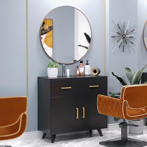 OmySalon Salon Station, Barber Station with 2 Drawers & 3 Hair Dryer Holders & 1 Cabinet, Free Standing Cabinets, Storage Styling Stations for Barbershop Beauty SPA, Black - Image 2