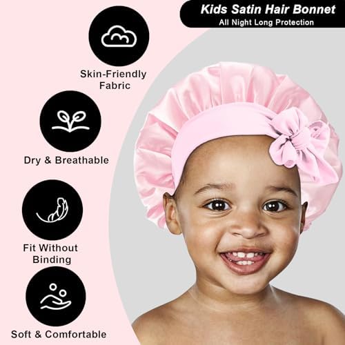 3 Pcs Kids Silk Bonnet for Sleeping - Baby Hair Bonnet for Sleep,Kids Satin Bonnets for Girls with Adjustable Wide Elastic Band,Sleeping Cap for Teens Toddler Child Curly Hair(Pink+Purple+Yellow) - Image 4