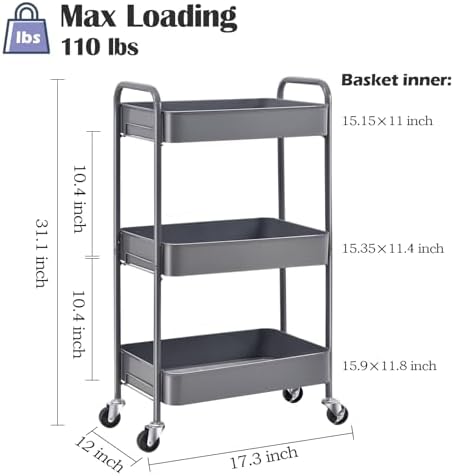 TOOLF 3 Tier Metal Rolling Cart, Utility Storage Cart with Wheels, Grey - Image 2