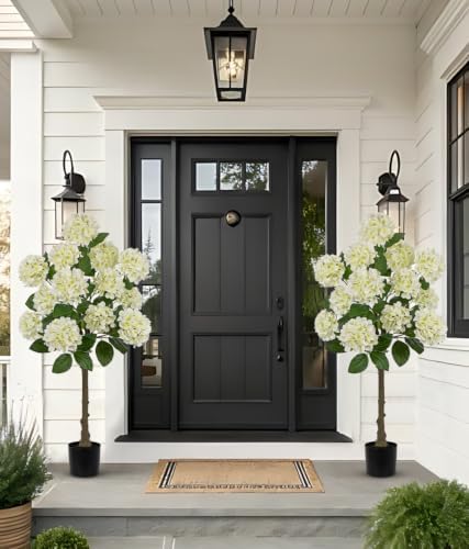 4FT White Hydrangea Artificial Flowers Tree 2 Pack Large Real Touch Faux Silk Hydrangea Plants Potted Fake Flower in Black Pot for Home Indoor Outdoor Front Porch Garden Entrance Living Room Decor - Image 4