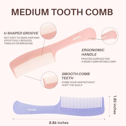 RHOS Medium Tooth Detangling Comb Set for Curly/Straight/Short/Thick Hair, Wet & Dry Use - Pink & Purple - Image 5