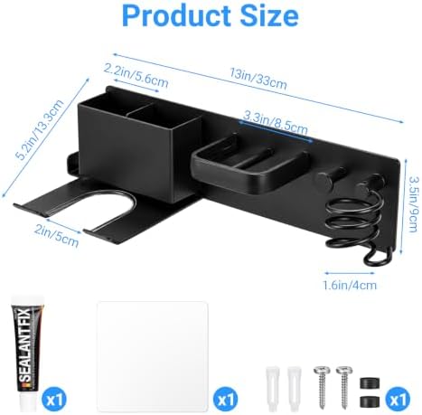 Hair Dryer Holder Wall Mount with 2 Storage Compartments, Aerospace Aluminum Blow Dryer Curling Iron Flat Iron Holder, No Drill Adhesive Bathroom Hair Tool Organizer, Heat Resistant (Black) - Image 3