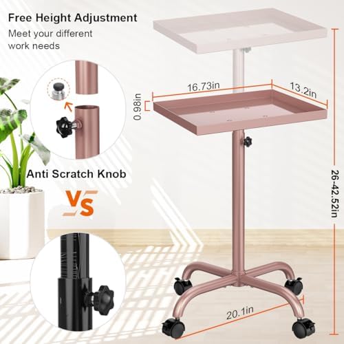Salon Tray Cart, Tattoo Tray Rolling Tray Adjustable Height, Pink Storage Tray Cart, Hair Stylist Tray Cart Service Tray Trolley for Home Salon Clinic Spa (Rose Gold) - Image 4