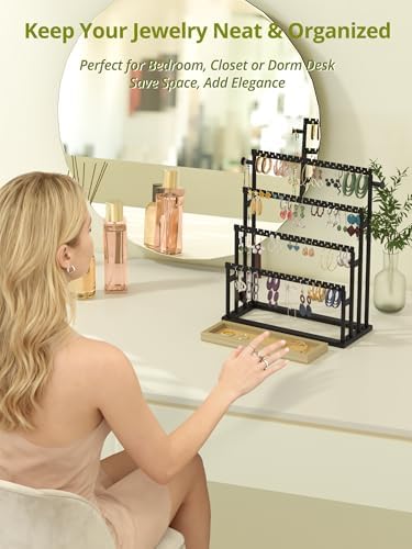 Earring Holder Organizer, 4-Tier Metal Jewelry Display Stand with Wooden Storage Organizer, Large Earring Holder for Studs, Hoops, and Dangles, Modern Jewelry Organizer for Women - Image 5