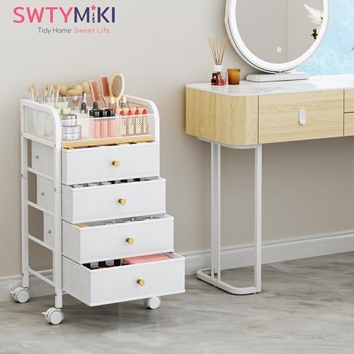 SWTYMIKI Rolling Makeup Organizer Cart - 14.96″*11.81″*27.55″ Widened Under Desk Vanity Storage with 4 Non-woven Drawers, Cosmetic Display Cases for Skin Care Perfume Nail Polish Brush Hair Tool White - Image 7