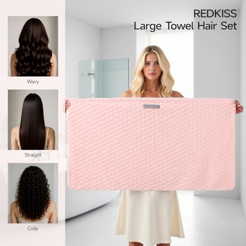 REDKISS 2 Pack Microfiber Hair Towels - Extra Large Hair Towel Wrap for Women, 24x42 inch Pink Hair Towels with Elastic Strap, Super Soft Blue Hair Drying Towels Curly Anti Frizz Turbans - Image 2