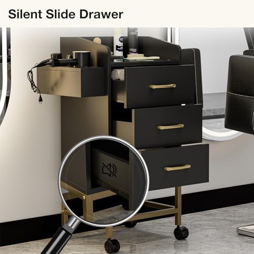 Beauty Salon Storage Trolley Cart, Mobile Hair Salon Station Hairdressing Tools Organizer Cabinet with 3 Drawers, Hair Dryer Holders and Lockable Rolling Wheels(Black Gold) - Image 2