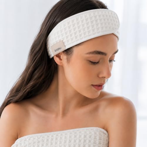Luxury Organic Japanese Cotton Waffle Spa Headband for Women | Adjustable Towel Headband with Magic Tape | Makeup, Face Washing, Facial, Cosmetic & Skincare, Gift for Her Self-care (Shell White) - Image 3