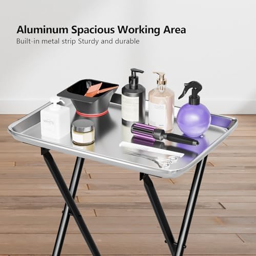 OmySalon Salon Tray on Wheels Folding Color Trays for Salon, Aluminium Tattoo Tray Rolling Trolley Cart Mobile Hair Cart for Cosmetology Stylist Hairdresser, Beauty Spa Service Storage Station - Image 4