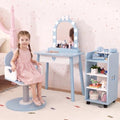 Wooden Kids Vanity Table and Chair Set with Light and Mirror, Princess Makeup Vanity Desk with Barber Chair and Rolling Cart, Pretend Hair Salon Play Set, Toddler Vanity Set for Girls, Blue by IdeaKey