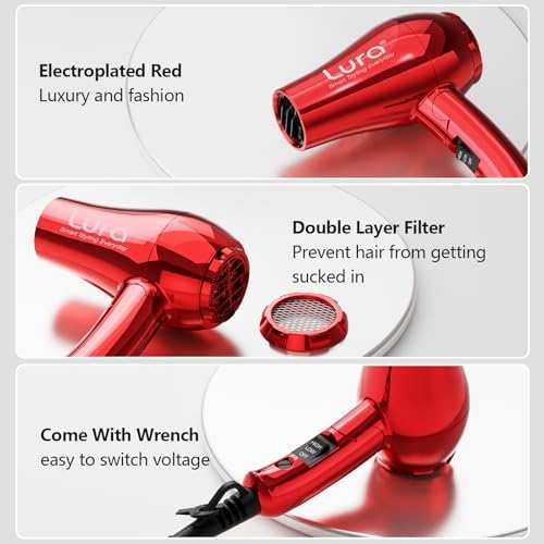 LURA Mini Portable Travel Hair Dryer:Dual Voltage Small Lightweight Blow Dryer with EU Plug,1200W Compact Hairdryer with Folding Handle,with Concentrator&Diffuser Attachment,for Women and Men(Red) - Image 6
