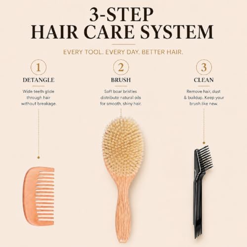 100% Boar Bristle Hair Brush for Fine Hair, Soft Boar Bristle Oval Cushion Brush for Girls & Women with North American Oak Wood Handle, Wide Tooth Comb & 2-in-1 Cleaning Tool for Daily Shine - Image 4