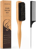 Boar Bristle Slick Back Hair Brush, Teasing Hair Brush with Black Carbon Fiber and Stainless Steel Tail Comb, Slick Hair Brush Set for Parting and Sectioning, Suitable for All Styling by VALENTISE