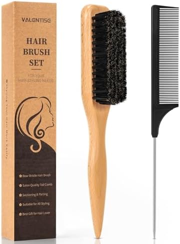 Boar Bristle Slick Back Hair Brush, Teasing Hair Brush with Black Carbon Fiber and Stainless Steel Tail Comb, Slick Hair Brush Set for Parting and Sectioning, Suitable for All Styling by VALENTISE