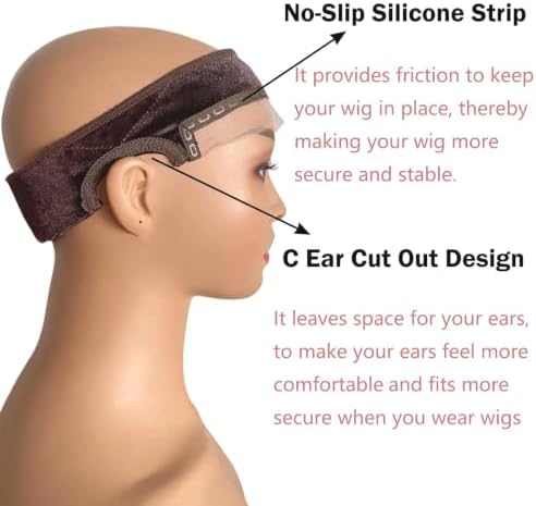 Lace Wig Grip Band with Ear Cut Out for Women Adjustable Velvet Wig Grip Band for Glueless Wig, Wig Band with Non-Slip Silicone Strip Natural Lace Edge (Brown) - Image 4