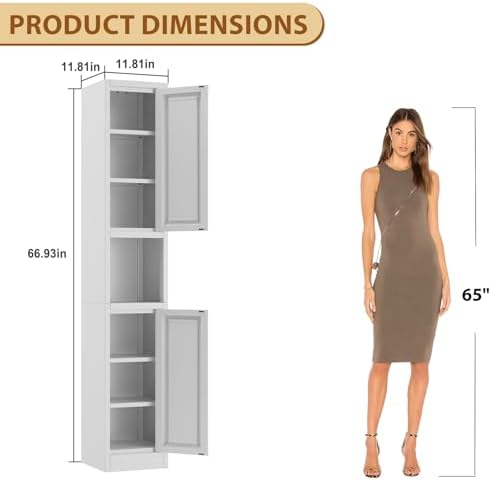 Tall Metal Narrow Bathroom Storage Cabinet 67" H, Tall White Pantry Cabinets with 4 Adjustable Shelves and 2 Doors for Kitchen, Home Office, Living Room, Dining Room(11.8 inches Wide) - Image 2