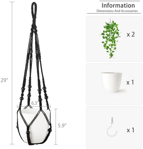 Mkono Fake Hanging Plant, Macrame Hanger with Pothos Vines & Pot, Black - Image 2