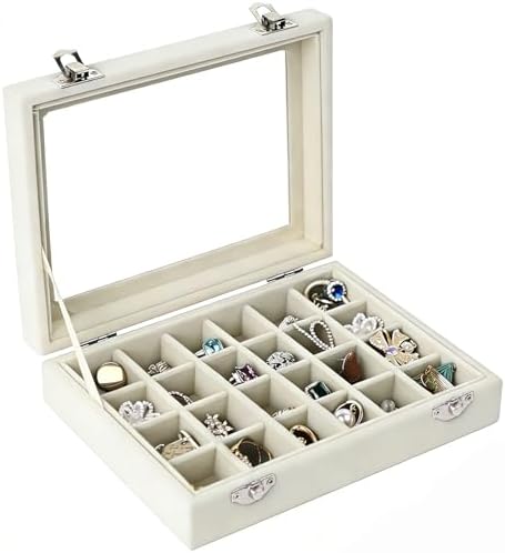 Velvet Jewelry Box 24 Grid Jewelry Earrings Display Organiser Box Ring Tray Holder Earrings Storage Case for Girls Women Wife Mom (Beige) - Image 3