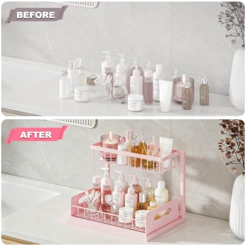 REALINN Pink Under Sink Organizer, 2 Tier Slide-Out Kitchen Cabinet Shelf - Image 3
