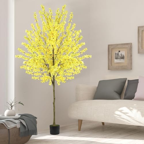 6Ft Tall Artificial Forsythia Tree, Fake Tree Faux Silk Plant with Plastic Nursery Pot,Artificial Plants for Home Office Indoor Decor(Yellow) - Image 7