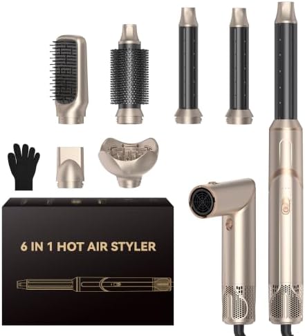 6 in 1 Hair Dryer Brush, Foldable Blow Dryer Brush with Air Styler Curler Wrap, Detachable Hot Air Brush Dry,Volumize, Straight,Curl, Negative Ion Brush Blow Dryer with Diffuser, Hair Styler Tools by OKWRAP