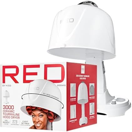 Red by Kiss 3000 Ceramic Tourmaline Professional Hood Dryer, 4 Heat Settings Blow Dryer for Home & Salon, Height Adjustable Convenient Big Hood Size Extra Coverage (1875 Wattage) by REDbyKISS
