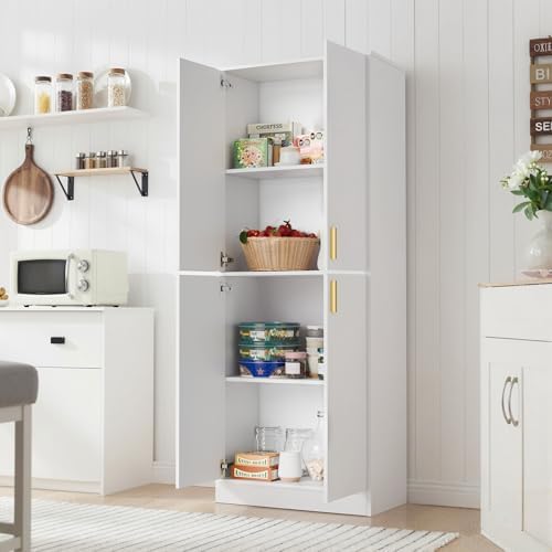 Cozy Castle Kitchen Pantry Cabinet, 71" Tall Wood Storage Cabinet with Doors and Shelves 4 Doors Freestanding Cupboard for Dining Room Living Room Furniture, White - Image 3