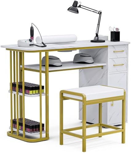 Manicure Table with Dust Collector, Nail Desk and Stool Set by Oakvera