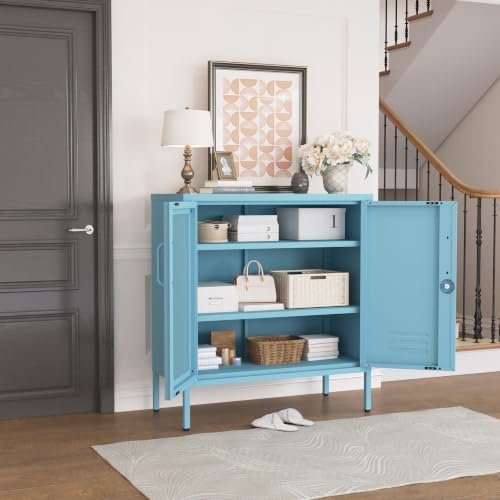 Lockable Metal Storage Cabinet Locker, Multifunctional Versatile Display Storage Lockers with Adjustable Shelves and Mesh Door, Durable Metal Side Table Furniture for Restaurant Home Office Blue - Image 6