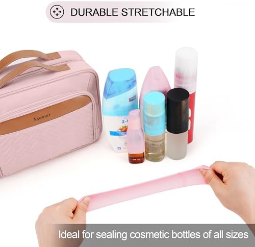 Travel Hanging Toiletry Bag for Women and Men, with 8 Leak Proofing Silicone Bottle Covers, Waterproof Makeup Accessories, Cosmetic Essentials, Cruise Ship Toiletries Bag with Jewelry Organizer, Pink - Image 2