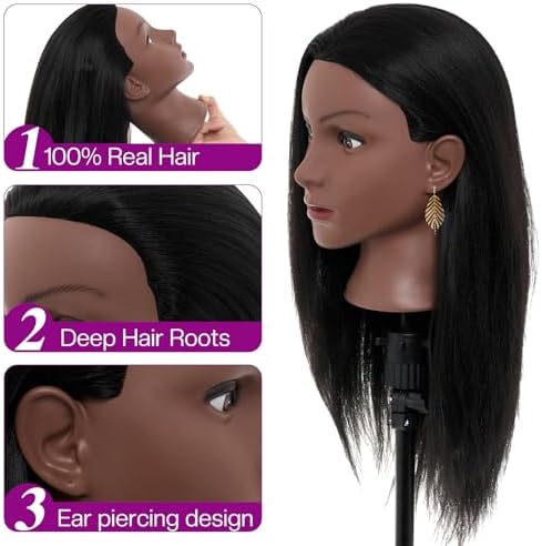 20-22" Mannequin Head,100% Real Human Hair Mannequin Head, Braiding Cosmetology Manikin Doll Head for Hair Styling Training with Table Clamp,Braiding Set(Light brown) Hair Extensions - Image 3