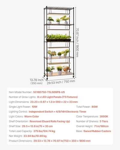 VEVOR Plant Shelf with Grow Light, 6-Tier Indoor Plant Stand, 71 in Tall Plants Display Rack with Wheels & 4/9/14H Timer, 80W T5 LED Full Spectrum Grow Lights, Flower Pot Holder for Seed Starting - Image 7