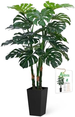 Aveyas 4ft Tall Artificial Monstera Deliciosa Plants, 4 ft Faux Swiss Cheese Plants Fake Silk Tree with Pot for Indoor Outdoor Office House Living Room Home Decor (4 Feet Tall Including Raised Pot) by Aveyas