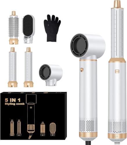 5 in 1 Hair Dryer Brush Set, High Speed Hot Air Styler with Auto Wrap Curlers, Blow Dryer Brush for Drying Curling Straightening, Frizz-Free Volume Styling Tools (Platinum) by Bokexing