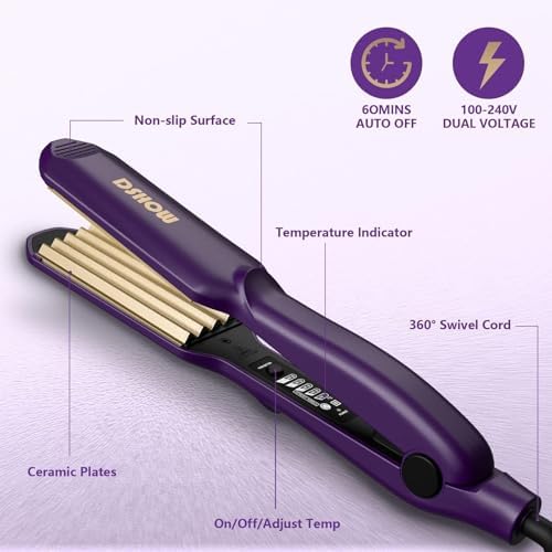DSHOW Hair Crimper for Women - Crimping Iron with Titanium Ceramic Plates, 5 Adjustable Temps (140C-220C), Volumizing Crimper for 80s Fluffy Hairstyle, Auto Shut-Off, Dual Voltage Styling Tool[Purple] - Image 6
