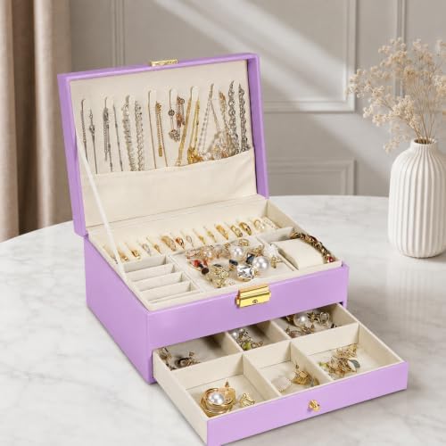GUOER Jewelry Box for Women Girls, Two Layers Jewelry Organizer, Purple - Image 2