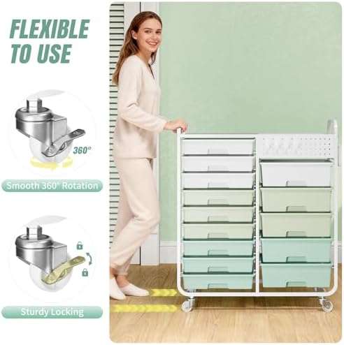 14 Drawer Rolling Storage Cart with Tabletop and Pegboard for Crafts Green - Image 6