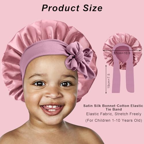 3 Pcs Kids Silk Bonnet for Sleeping-Baby Kids Satin Hair Bonnet for Curly Hair Girls Boys with Wide Elastic Band,Sleeping Cap for Teens Toddler (Rose Gold+Hotpink+Purple) - Image 2