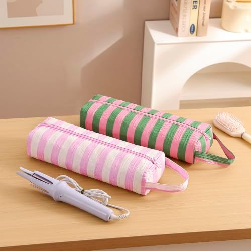 RSRSLEII Striped Hair Tools Travel Bag, Portable&Foldable, Pink&White - Image 5
