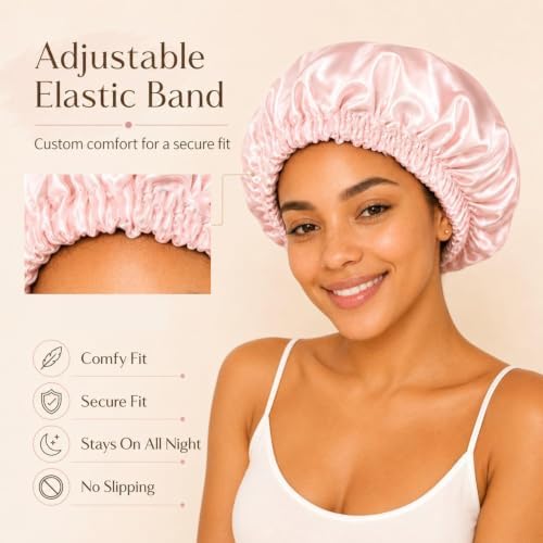 Women’s Satin Bonnet for Sleeping, Double Layer Sleep Cap, Pink - Image 5