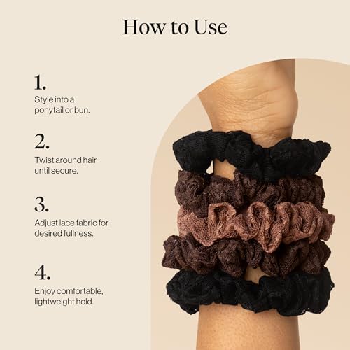 Kitsch Ruched Lace Scrunchies For Women - Black, Chocolate & Mocha, 5pc Set - Image 6