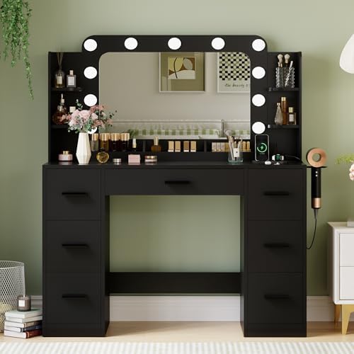 JUMMICO Makeup Vanity Desk with Large Mirror and Lights, Vanity with Power Strip and Hairdryer Holder, 6 Open Shelves and 7 Drawers Modern Dressing Table, for Bedroom (Black) - Image 2