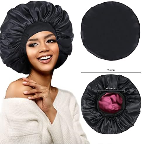 Double Layer Adjustable Satin Bonnets for Sleeping Women (Black and Wine) - Image 4