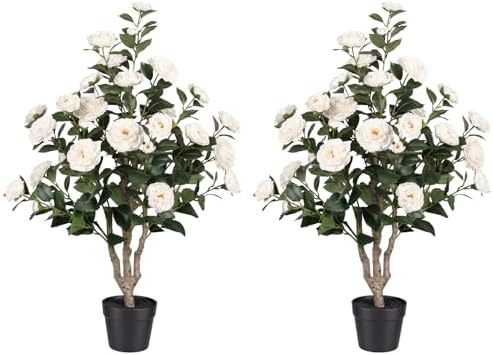 3FT Artificial Camellia Tree 2 Pack, UV Resistant Faux Camellia Plants with Realistic White Flowers, Tall Fake Potted Trees for Front Porch Patio Garden Home Decor, Indoor Outdoor by LeafVerse