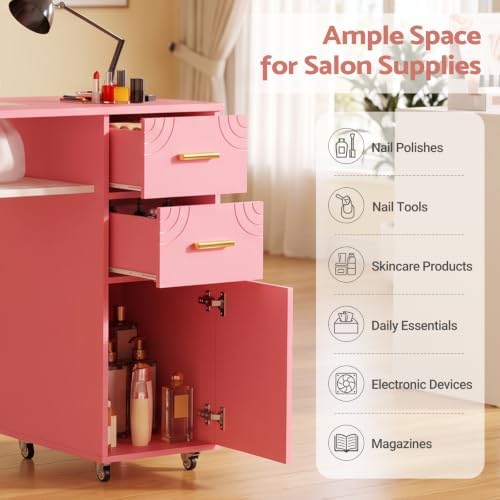 Manicure Table Nail Desk with Dust Collector & Wheels (Pink) - Image 5
