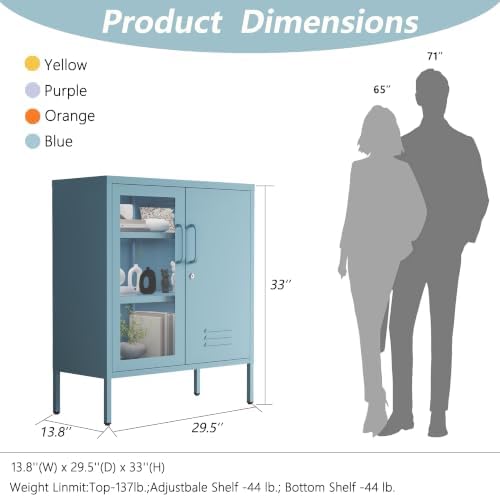 29.5" Wide Blue Metal Storage Cabinet with Lock and Ventilated Doors, 2 Adjustable Shelves, Heavy Duty Home Metal Accent Locker for Kitchen Office Living Room Hallway - Image 2