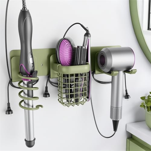 Tindbea Upgraded Aluminum Alloy Hair Dryer Holder Wall Mounted with Built-in Cord Wrap,3-in-1 Hair Tool Organizer for Blow Dryer, curling iron, and straightener, Green by Tindbea
